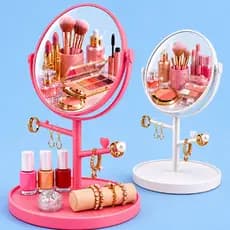 MINI Espelho Penteadeira com Porta Joias e Brincos  Espelho de Mesa com Suporte e Organizadore e Base Res - COMPACTO
