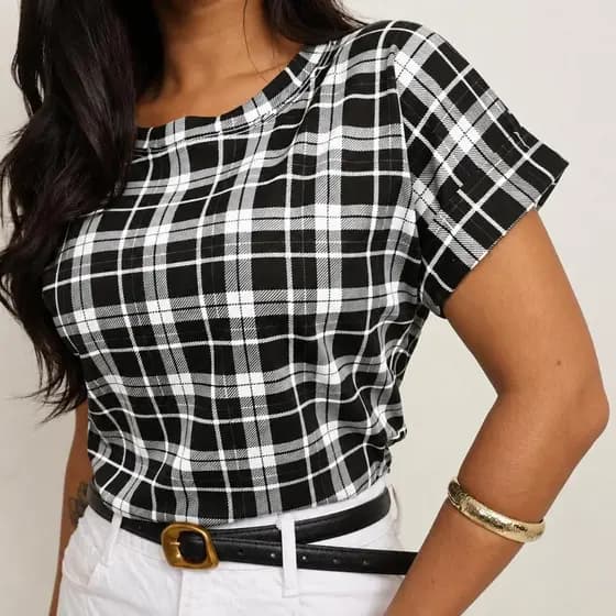 Blusa Feminina Manga Japonesa Viscolycra Xadrez
