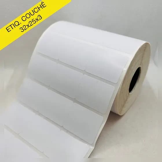 Etiqueta adesiva 32x25x3 couchê  (3 carreiras) p/ argox, zebra,Elgin, zetex z50x etc. Rolo com 3.200 etiquetas 30 metros