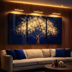 Quadro Decorativo 3 Peças árvore Da Vida Florescimento Detalhes Dourados