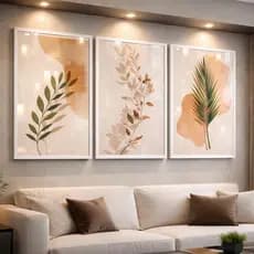 Trio De Quadro Decorativo Abstrato Botânico Folhagem Fundo Neutros Para Quarto Sala
