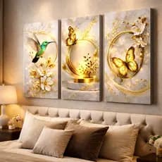 Trio De Quadro Decorativo Flores Beija Flor Borboletas Douradas Luxo