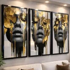 Quadro Sala Decorativo 3 peças Mulher Flor Gold Preto e Dourado Luxo Moderno