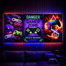 Trio Quadros Decorativo Quarto Gamer Neon Hora do Jogo Controles Zone