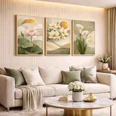 Kit 3 Quadro Decorativo Moderno Flor de Lotus Tulipas Tons Claros