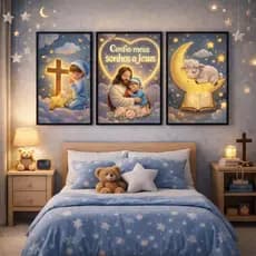 Kit 3 Quadro Decorativo Infantil Confio Meus Sonhos a Jesus Religioso Anjos