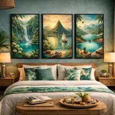Quadro Decorativo 3 Peças Sala Paisagem Tropical Beira a mar Natureza Litoral