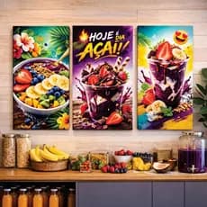 Quadro Decorativo 3 peças Hoje é dia de Açaí Frutas Sobremesa