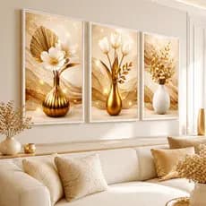 Quadros Decorativos Sala floral em tons de branco e dourado Vasos de Flores