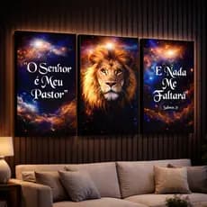 Kit 3 Peças Quadro Religioso Leão Fé Salmo 23 O senhor é meu Pastor Versículo