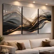 Trio Quadros Decorativo Abstrato Design de Onda Tons Preto e Dourado