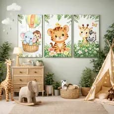 Kit Quadros Decorativos Quarto Infantil Safari Animais Estilo Aquarela Selva