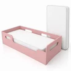 Cama Infantil Montessori 153cm Rosê e Branca C/Colchao e Grade de Proteção Baixa e Segura