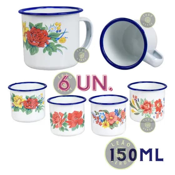 Caneca Esmaltada Branca Decorada kit 6 unidades xicara retro 150ml Caneca decorativas de Café ou chá