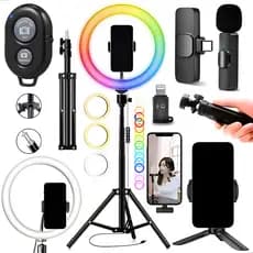 Kit Completo Ring Light 26cm Rgb Microfone Lapela Bluetooth