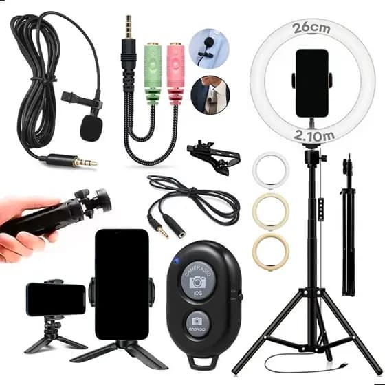 Kit Ring Ligth Tripé Mesa Youtuber Microfone Lapela Gravação Profissional