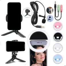 Kit Gravação Selfie Mini Ring Ligth LED Tripé Mesa Microfone Lapela Live