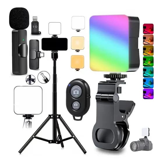 Kit Mini Light Rgb Microfone Lapela iPhone Android Tripé 2m