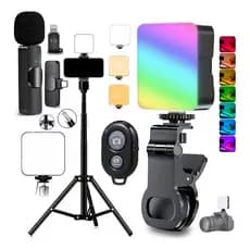 Kit Mini Light Rgb Microfone Lapela iPhone Android Tripé 2m