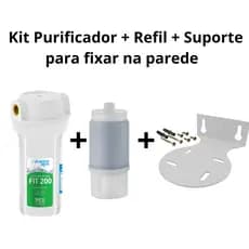 Kit Purificador de Água Fit 200 Rosca Metal 1/2" + Refil PA 200 Planeta Água + Suporte Em Metal Para Fixar na parede