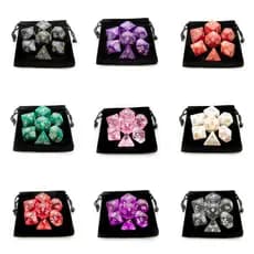 Conjunto de Dados RPG com Bolsa (7 Peças) – D4 D6 D8 D10 D% D12 D20 | Várias Cores