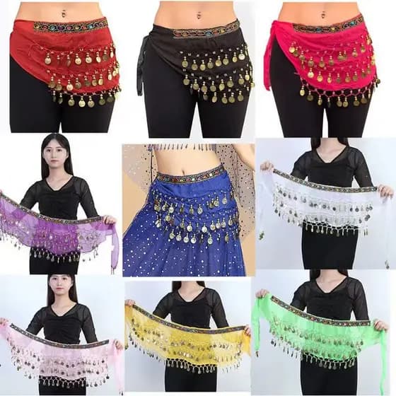 KIT 6-12 unidades Lenço Dança Do Ventre Com /Sem Pedras e Moedas De Quadril Várias Cores canalva