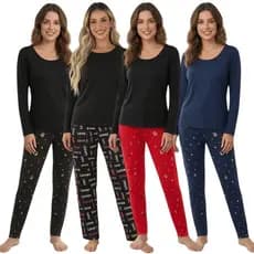 Pijama Quentinho 2 Peças Feminino Estampa Adulto Manga Longa e Calça Suede Conforto Comprido Inverno