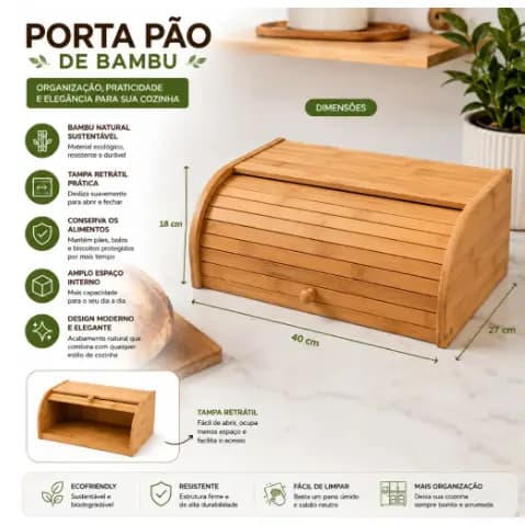 Porta Pão E Bolo De Bambu Com Tampa Retrátil Basculante Caixa