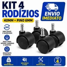 Rodinhas Rodízio Giratória 40mm Pino 6mm Preto Cama Box Fruteira Andador