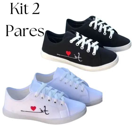 Kit 2 Pares de Tênis Femininos Preto Branco Fé Tradicional Confortável