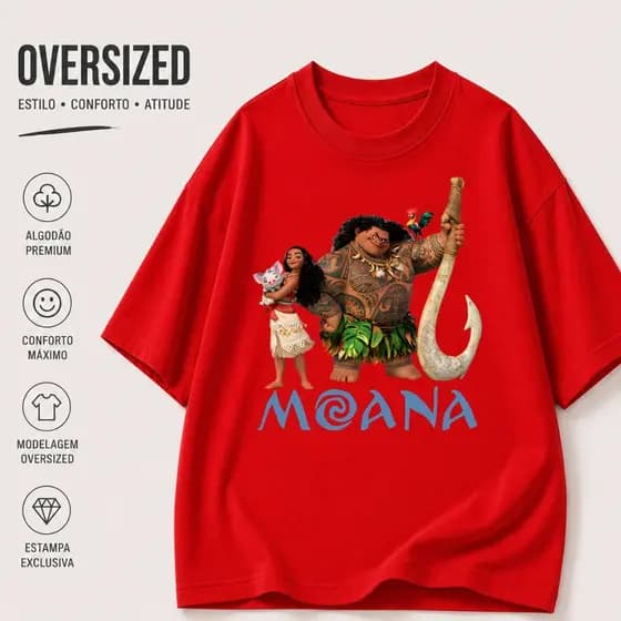 Camiseta Feminina Verão Manga Curta Oversized 100% Algodão 4 ao 16 Moana Maui