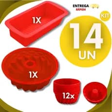 Jogo 14 Formas de Silicone -1 Forma Pão,1Forma Bolo ou Pudim, 12 Forminhas  Cupcake Forma Silicone
