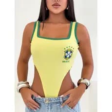Body Feminino Cavado Asa Delta Estampa Brasil Alça Larga Sem Bojo Confortável Qualidade