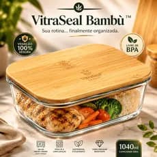 Pote Hermético de Vidro 1040ml Tampa Bambu Marmita Fitness Anti Vazamento Sem BPA VitraSeal Bambù™