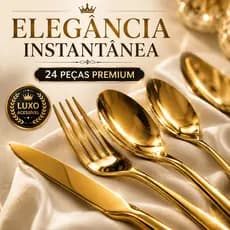 Talheres Dourados Luxo 24 Peças Aço Inox Conjunto Mesa Posta Elegante