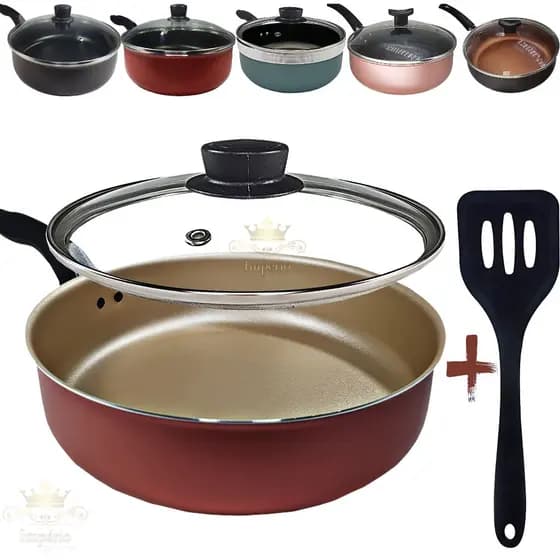 Frigideira Alta 24Cm Com Tampa De Vidro Espátula Cor Rosa Cobre Cereja Gold Preta Rouge Turquesa Antiaderente Teflon