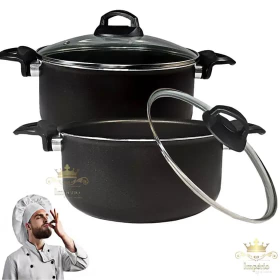 Kit 2 Panelas Caçarolas Grande 22 24cm Tampa De Vidro Antiaderente 5 Camadas Teflon Cor Preta Grafite Grossa Resistente