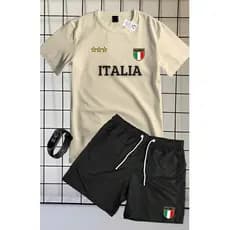 CONJUNTO DE CAMISETA CAMISA 100% ALGODÃO MANGA CURTA Shorts TACTEL ESTAMPA ITALIA + RELOGIO DE BRINDE