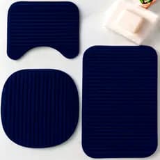 Kit 3 Peças Jogo de Tapete Azul Marinho Para Banheiro Antiderrapante 100% Algodão Felpudo Peludo Luxo