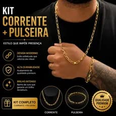 Kit Corrente 70cm + Pulseira Moeda Antiga Masculina Banhada 2mm 5mm 6mm
