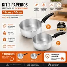 Kit 2 Papeiros Alumínio 14cm e 16cm Leiteira Fervedor Panela Pequena Cabo Resistente