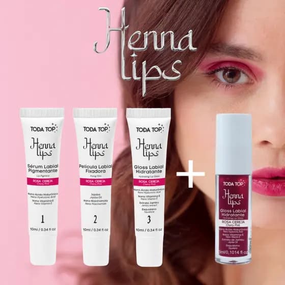 Kit Henna Labial Rosa Cereja + Gloss Toda Top - Pigmentação e Hidratação 40 aplicações