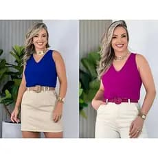 KIT Com 2 Blusa Feminina Social Regata Alça Larga Tecido Duna Tendência Regata 6001