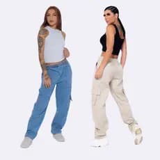 Calça Cargo Jeans Sarja Streetwear Feminina Hip Hop Estilo De Rua Moda Urbana Larga