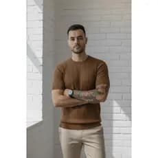 Camiseta Masculina Tricot Canelada Camisa Casual Estilosa Luxo