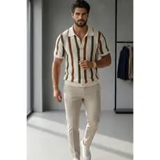 Camisa Masculina Gola Cubana Listrada Tricô Luxo