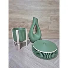 Kit Decorativo Verde Oliver Moderno – Vaso, Cachepot, Caixa Decorativa e Porta copo
