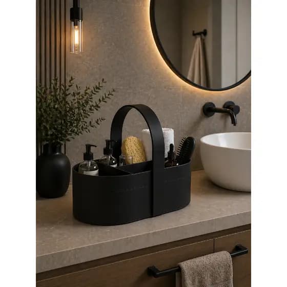 Organizador de Banheiro Premium Preto com Alça | Porta Shampoo Sabonete Toalha Escova | Cesto Multiuso Bancada Luxo