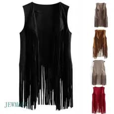 Jew Women Faux Mangas Étnicas Camurça Para Jaqueta Long Fringe Tassels Hippie Open Front Cardigan Cowgirl Wai