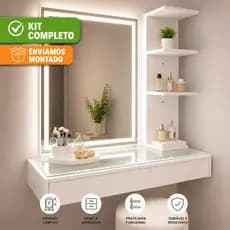 Kit Penteadeira de Vidro com Espelho LED e Prateleira Organizadora Premium Camarim Maquiagem Gaveta Suspensa